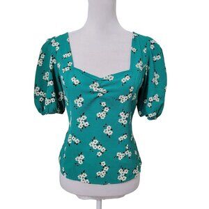 free press Size M Green with White & Black Floral Pattern Short Sleeve Blouse
